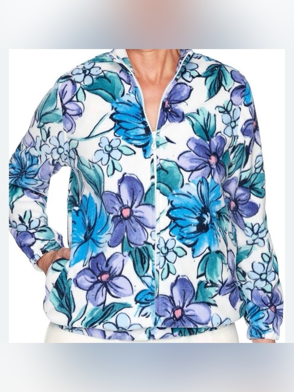 Alfred Dunner Blue & Purple Fleece Full Zip Floral Jacket Coat Small - Medium